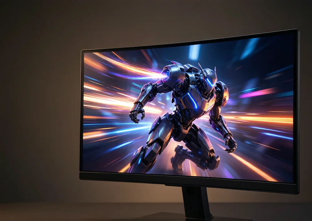 Modern curved gaming monitor displaying smooth fast-motion gameplay, illustrating how a higher refresh rate reduces motion blur