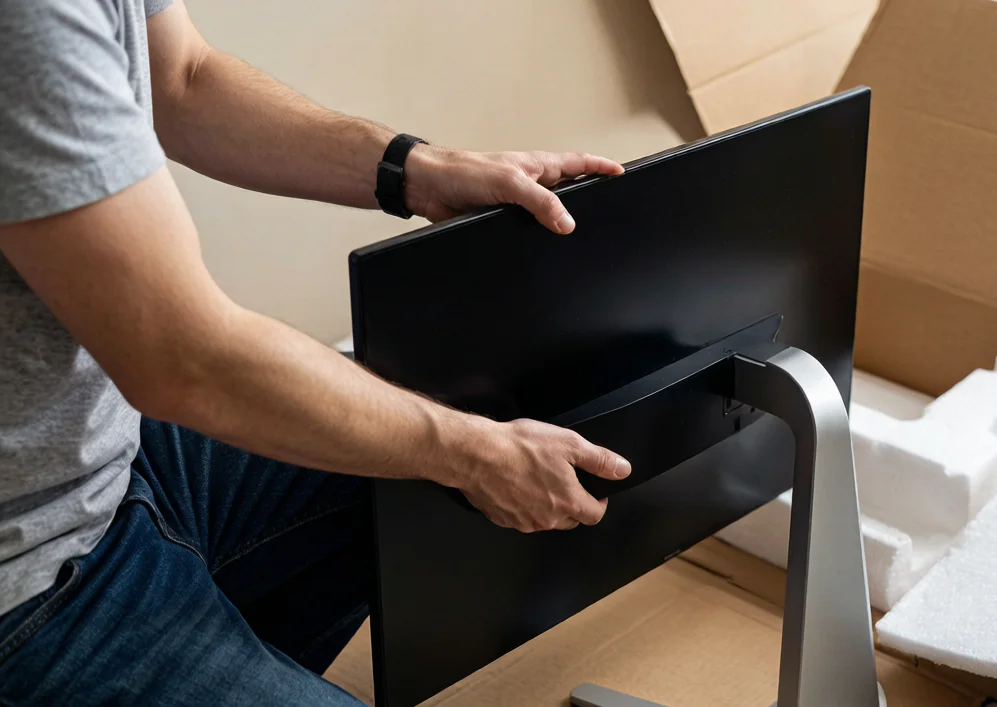 Person unboxing a brand new computer monitor, checking the panel for dead or stuck pixels before the return window closes