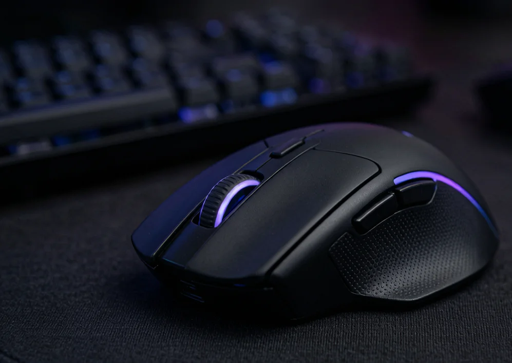 Product photo of a lightweight ergonomic gaming mouse with a high polling rate for competitive play