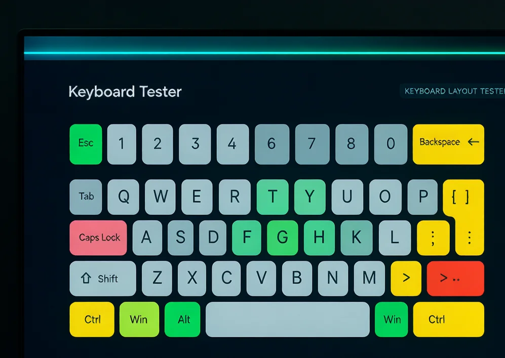 Computer screen showing a keyboard tester web app lighting up pressed keys to detect ghosting and rollover limits