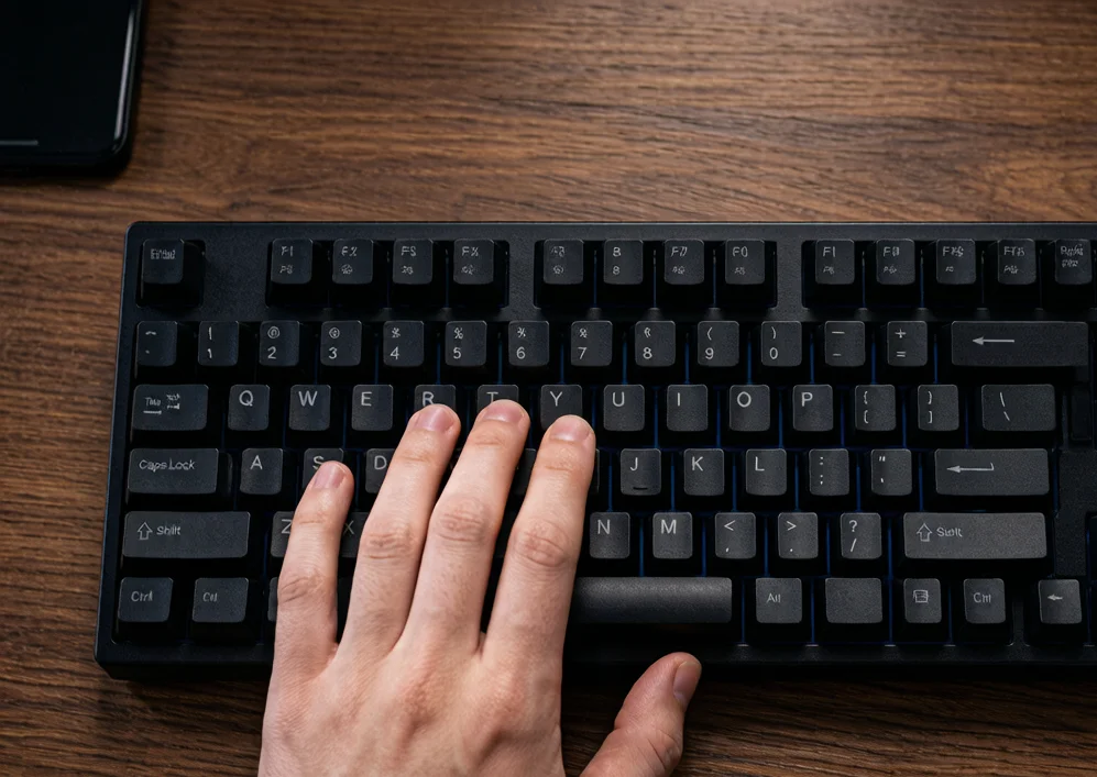 Overhead photo of a keyboard with many keys pressed simultaneously, demonstrating full N-key rollover