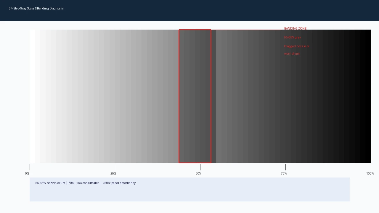 Gray scale gradient test pattern showing visible banding steps in the mid-tone range indicating nozzle or drum issue