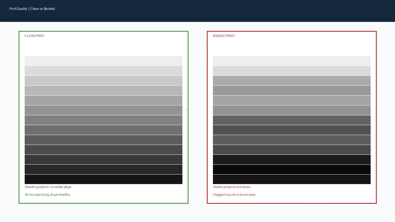Side-by-side comparison showing a clean sharp print versus a print with visible horizontal banding artifacts