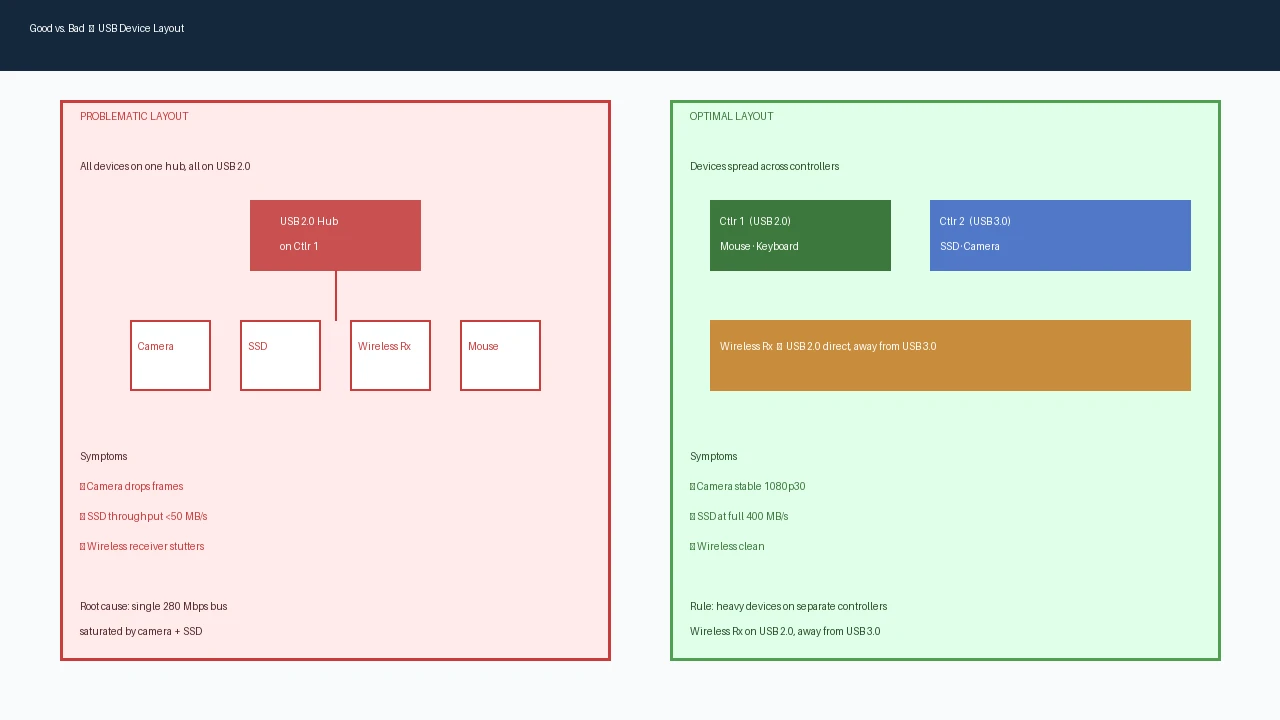 Side by side comparison showing an optimal USB device layout versus a problematic layout with bandwidth contention